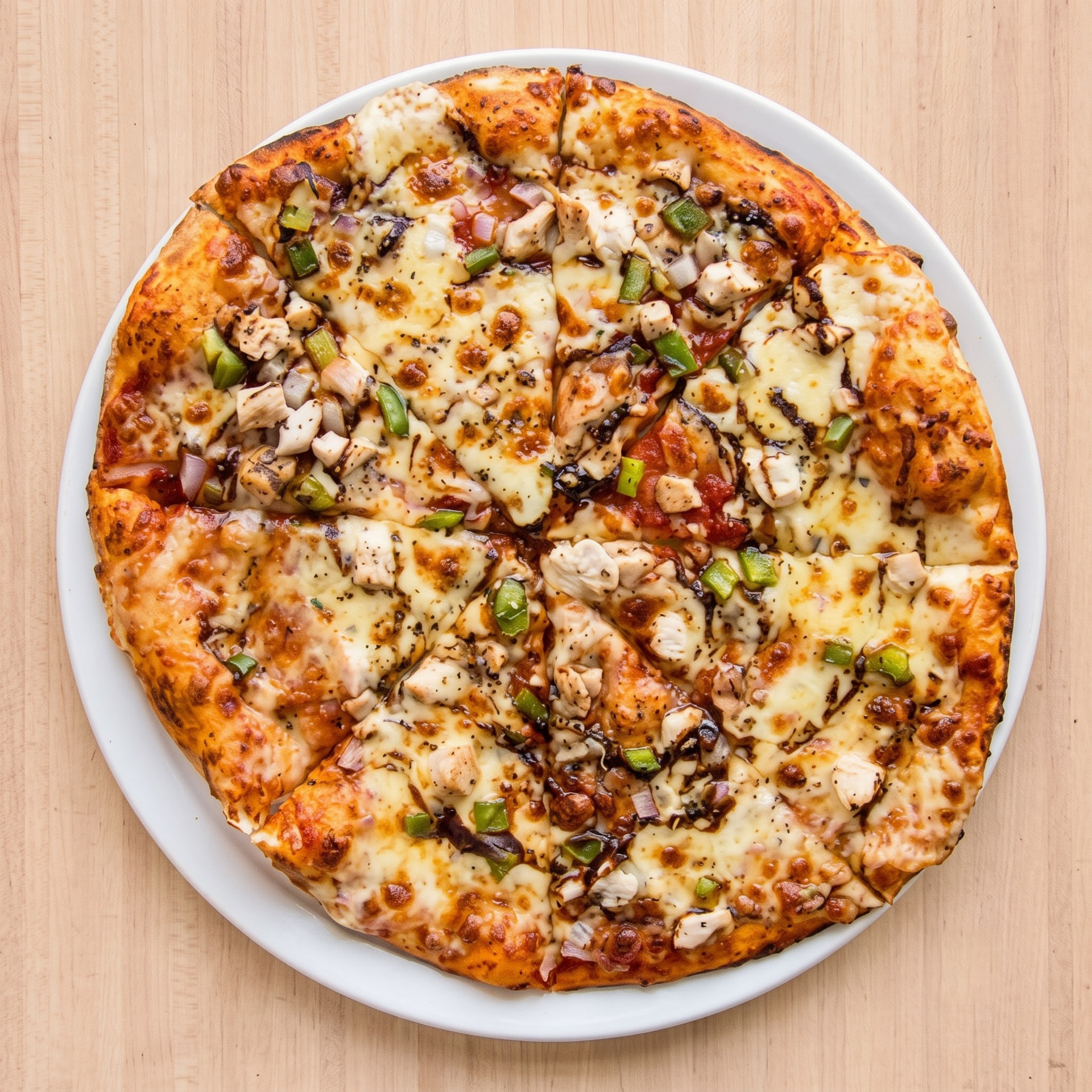 Wood-fired chicken pizza with green peppers at Italforno
