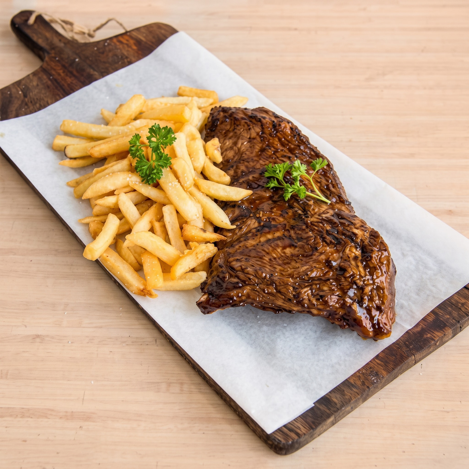 Tender pork ribs in BBQ sauce with hot chips