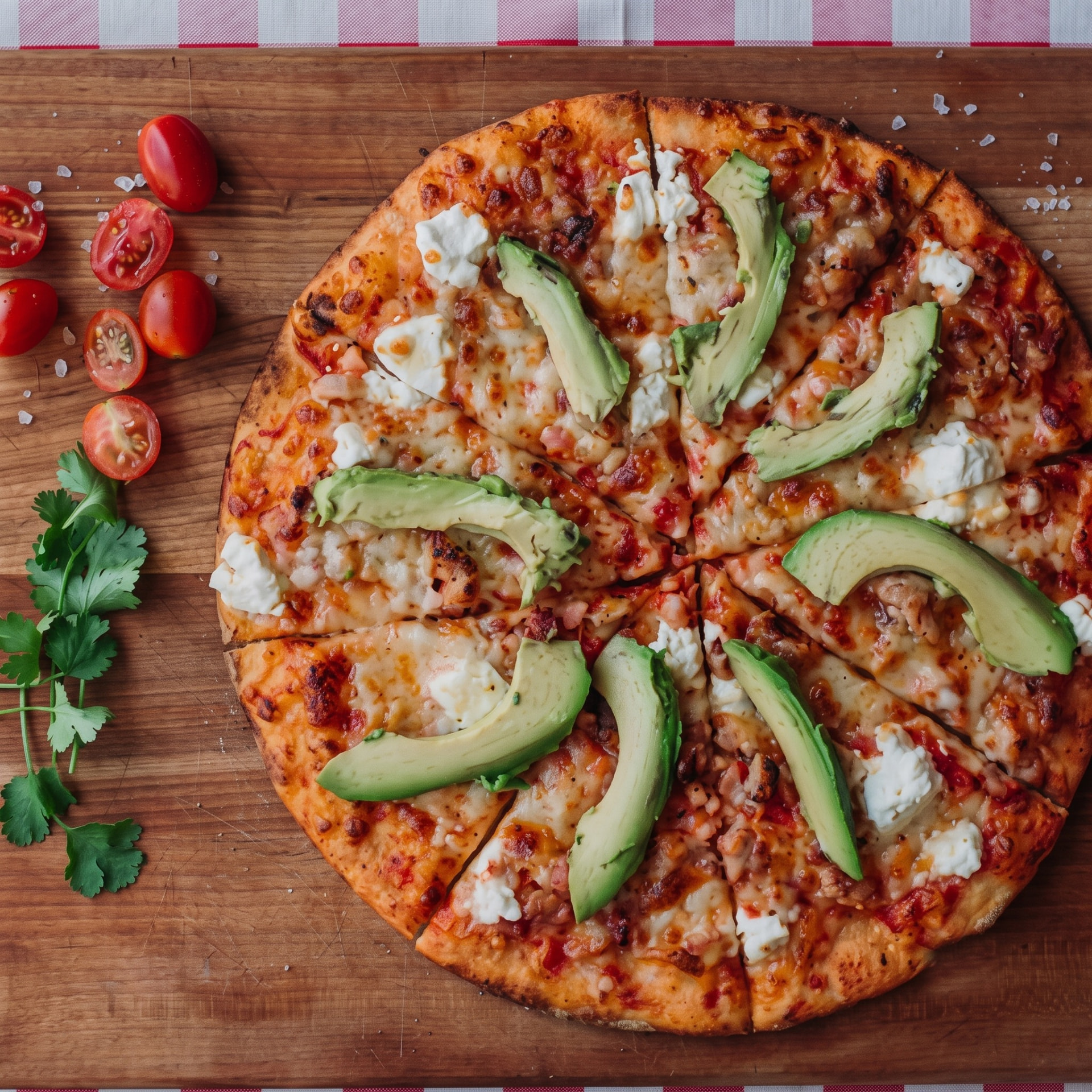 Gourmet avo and feta pizza fresh from the wood-fired oven